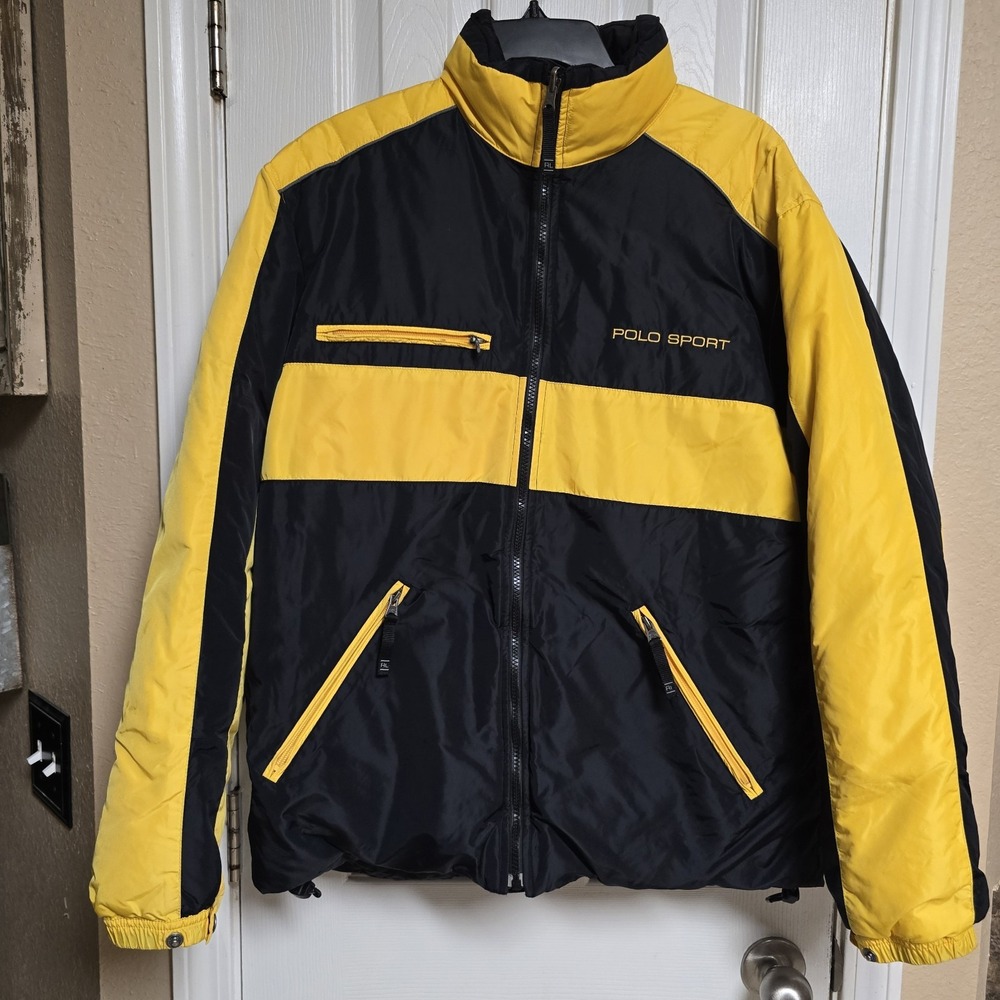 Vintage 90s Polo Sport Ralph Lauren Reversible Down Puffer Jacket M Black Yellow
